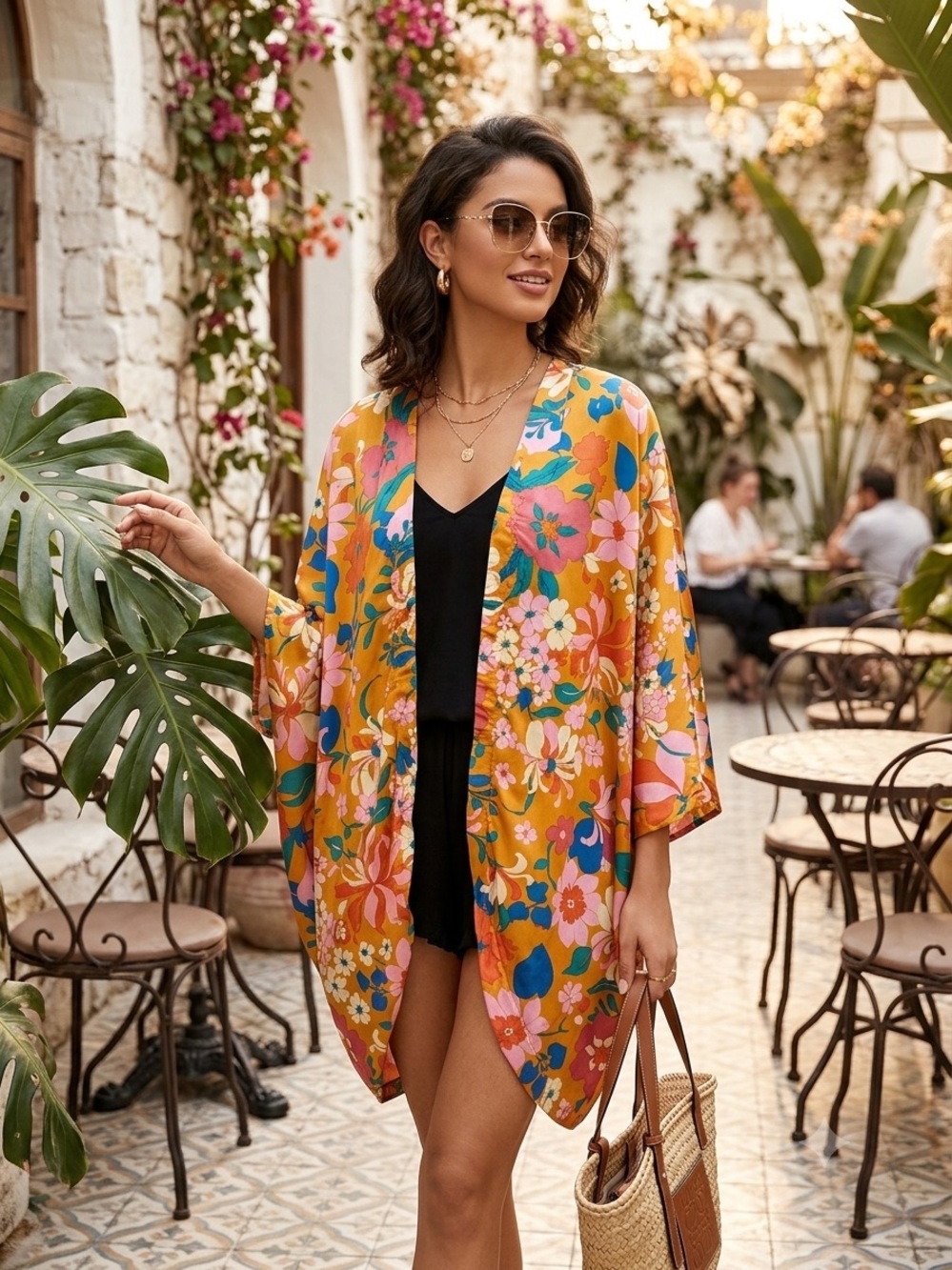Umgee Mustard Yellow Floral Kimono Swim Cover-Up